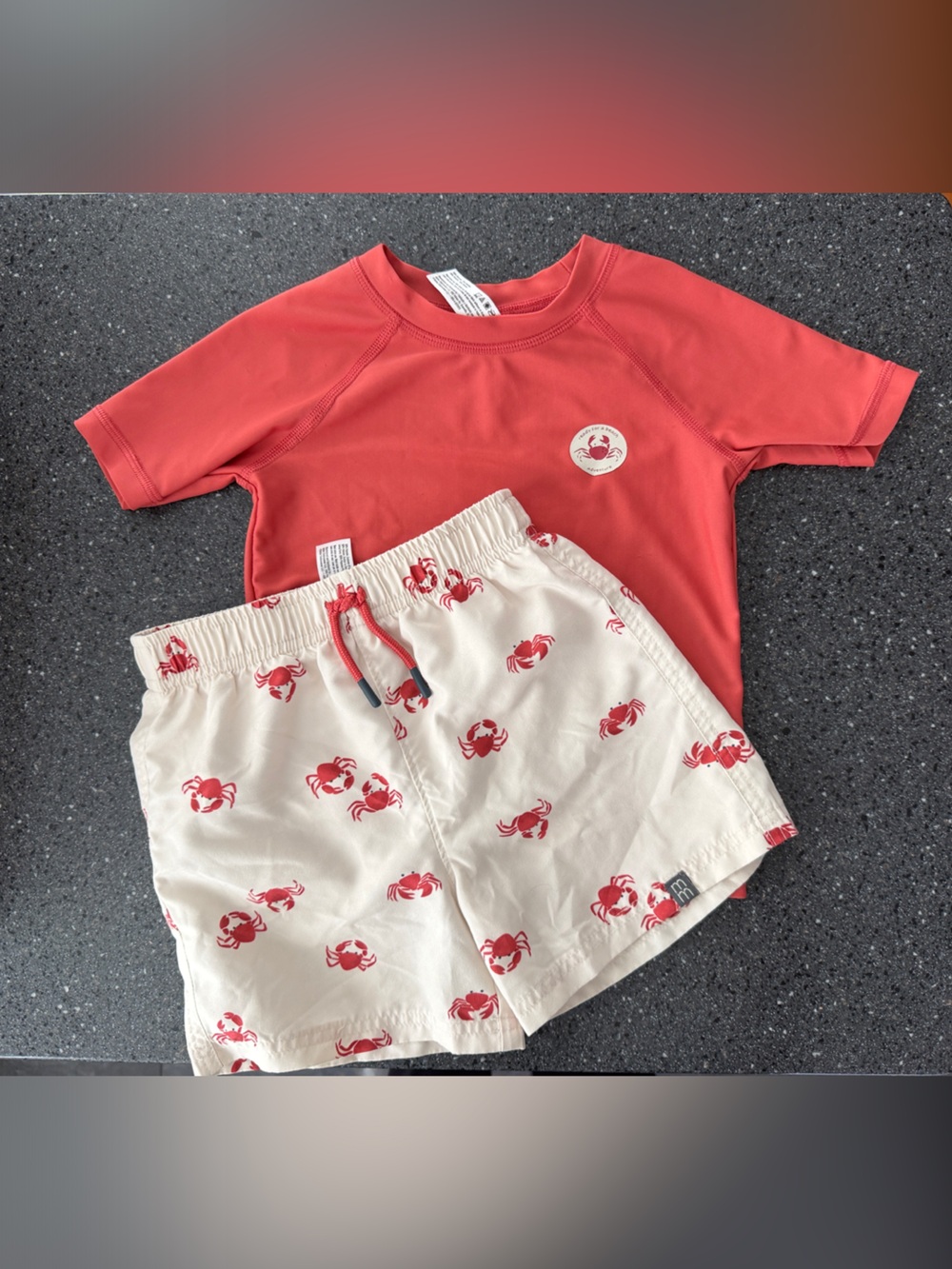 Redish orange Rash Guard Top & Crab Print Swim Shorts Set